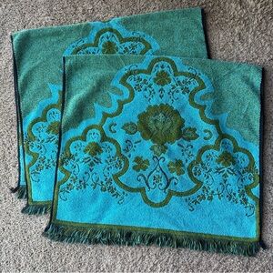 2X VTG Lady Pepperell Avocado Green & Turquoise Blue Floral Bath Towels 1960 MCM